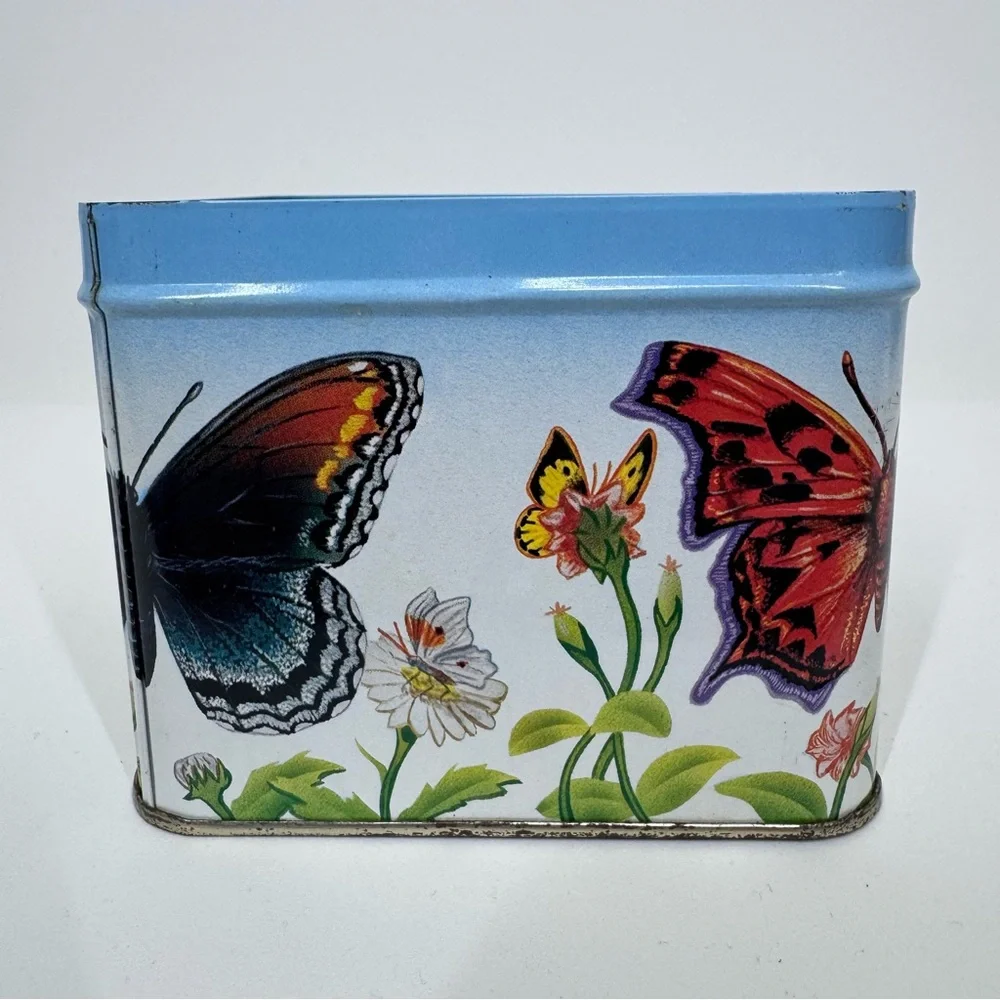 Early 90’s Vintage Butterfly & Flower Print Square Tin Box With Lid